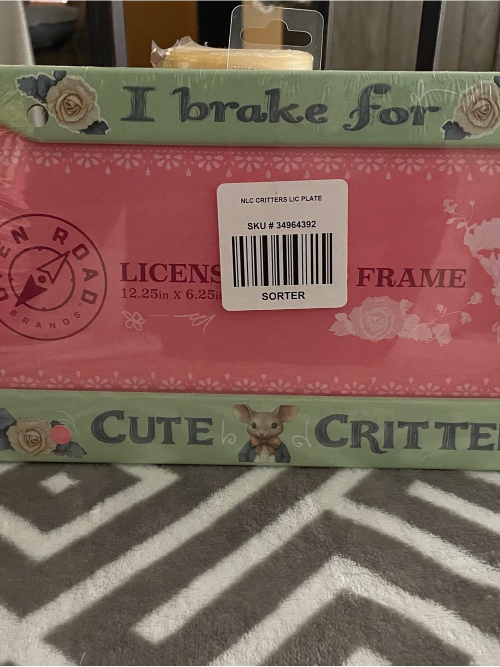 Cute Critters 'I Brake For' Decorative License Plate Frame - Pink & Sage